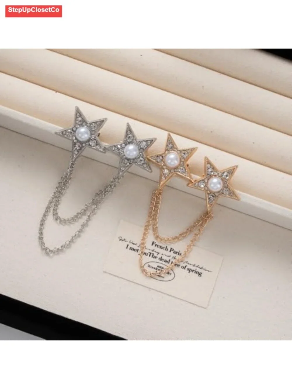Star Tassel Long Chain Brooch Women Imitation Rhinestone Pearl Lapel Pin
